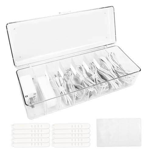Plastic Cable Management Box with Lid and 10 Wire Ties,Transparent Desktop Electronic Organizer with 8 Compartments,Cable Organizer Storage Box,Power Cord Organizer for Home,Office,Stationery Supplies