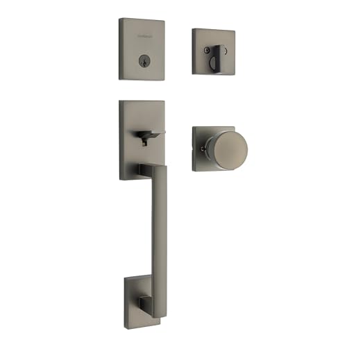 Image of Kwikset San Clemente Front Door Lock Handle and Deadbolt Set, Entry Handleset Exterior with Square Pismo Interior Door Knob, Gunmetal, Pick Resistant SmartKey Rekey Deadbolt Security