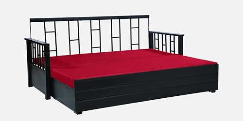 Image of Horrim 3 Seater Metal Sofa Cum Bed with Hydraulic Storage | Queen Size Sofa Cuma Bed | 3 Seater Sofa Set, Metal Sofa Set for Living Room (Matte Black Finish with Red Cushion)