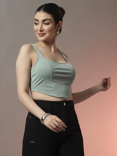 Image of Trend Arrest.ed Women's Stretchable Corset Style Crop Top | Square Neck Sleeveless Zipper Back Body-Hugging Fit | Casual