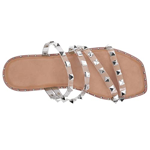 Phopix Womens Studded Slides Sandals Strappy Square Open Toe Rhinestones Flat Sandal #TOP3