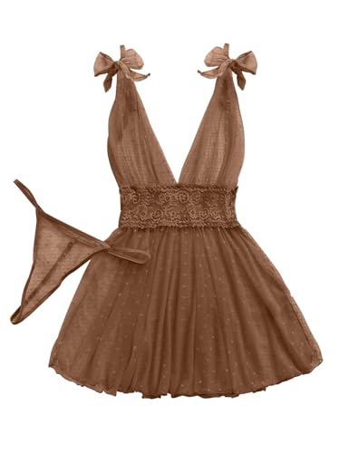 Image of Lilosy Sexy Polka Dots Mesh Sheer Lace Babydoll Chemise Lingerie Set Floral Sleep Wear