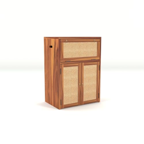 Image of PS DECOR Solid Sheesham Wood Battery Cabinet with Cane Doors | Wooden Inverter Battery Storage Cabinet | Handcrafted UPS Battery Stand with Rattan Panels