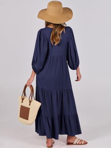 Image of ANRABESS Womens Boho Floral 3 /4 Puff Sleeve Maxi Dress | Tiered Flowy Loose Fit, Comfy Soft Rayon Fabric, Wedding Guest Church Beach, Modest Elegant, Spring Summer Fall Outfits