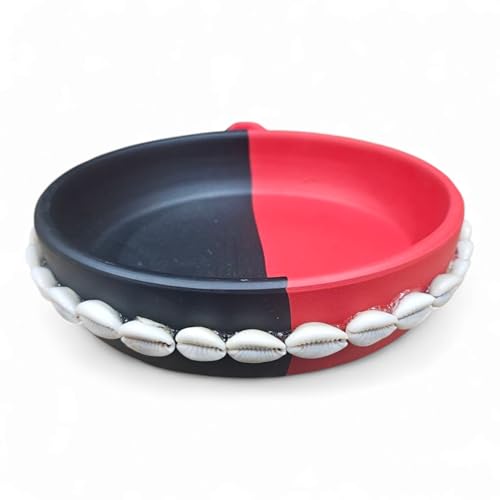 Elegua Red and Black Ceramic Offering Plate with Cowrie Shells – 6 Inch Santeria Ritual Dish for Protection and Offerings