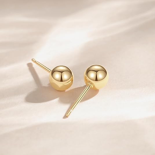 Gold Stud Earrings for Women 14K Gold Ball Stud Earrings Hypoallergenic Earring (3-Pair-Pack) 3MM 4MM 5MM with Butterfly Pushbacks