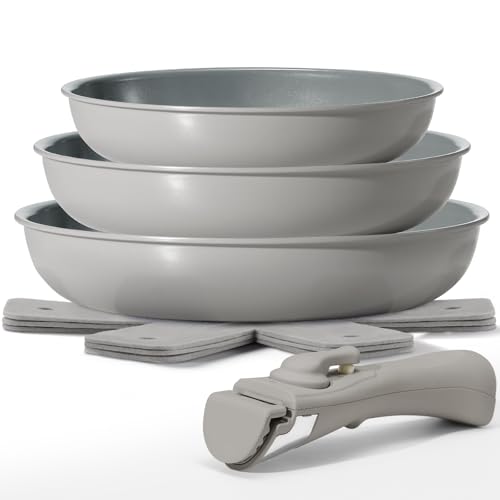 BLAZANT Pfannenset Abnehmbarer Griff 7 tlg, Pfanne Induktion 20, 24, 28 cm, Antihaft-Keramikbeschichtung, Bratpfannen Set Induktion, Für alle Herdarten, auch Induktion, Platzsparend Spülmaschinenfest