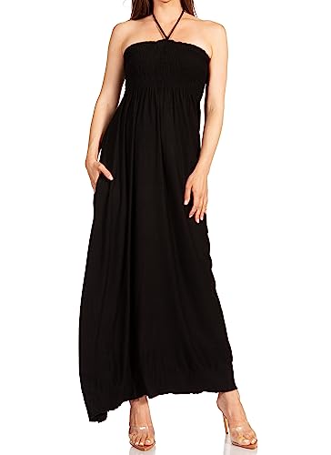 Image of Sakkas Soft Jersey Feel Solid Color Smocked Bodice String Halter Long Dress