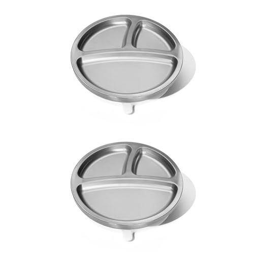 Avanchy Baby Plates with Suction Stainless Steel Divided Plates for Toddlers BPA-Free Dishwasher Safe Unbreakable Non-Toxic 100% Silicone Suction 2 pack White