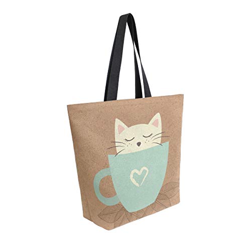 ALAZA Large Canvas Tote Bag Hello Fall Cute Cat Coffee Brown Shopping Shoulder Handbag with Small Zippered Pocket3