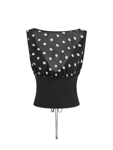 CIDER Shirts for Women Polka Dot Tank Top Boat Neck Lace Up Sleeveless Blouse Summer Casual Fitted Top