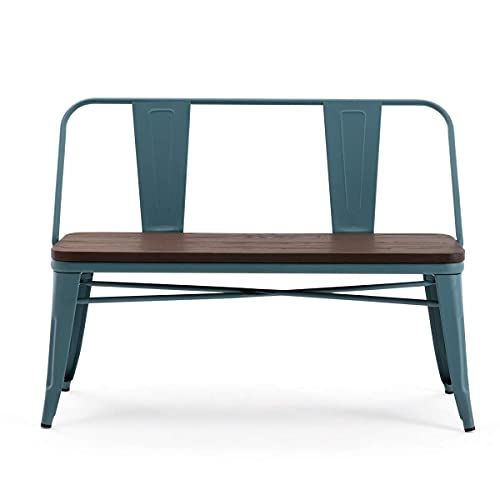 Mellcom Metal Bench Industrial Mid-Century 3 Person Chair With Wood Seat,Dining Bench With Floor Protector,Blue #TOP1