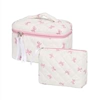 Hyfant 2Pcs Cotton Quilted Makeup Bag Cute Floral Cosmetic Bag With Zipper Portable Travel Toiletry Bag For Women Large Coquette Aesthetic Bag Makeup Organizer Fashion Gift For Travelers