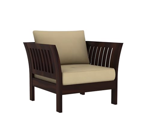 Image of Solid Sheesham Wood Single Seater Sofa with Cream Cushion | Wooden 1 Seater Sofa for Home Bedroom Living Room Hall and Office (Walnut Finish)