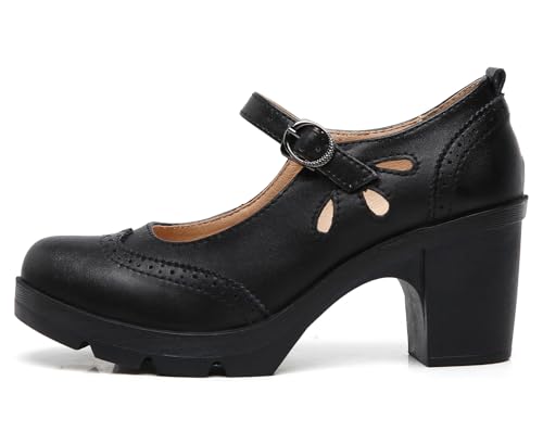 DADAWEN Women's Leather Classic Mary Jane Ankle Strap Round Toe Mid Heel Platform Pumps Oxfords Dress Shoes4