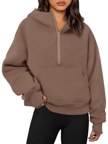 JULGIRL Damen-Kapuzenpullover mit halbem Reißverschluss, lässig, Fleecepullover mit Taschen, übergroßes Herbst-Workout-Sweatshirt, Braun, S