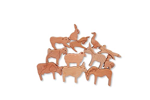 Kidodido Bauernhof Tierfiguren Holzspielzeug | Bauernhof Holztiere Spielset | Zootiere aus Holz | Geschnitztes Holz Montessori Tierspielzeug | 12 teiliges Spielzeugtier Set aus Holz
