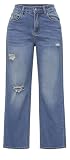 Women’s Wide Straight Leg Jeans High Waist Ripped Denim Pants,Blue,Large