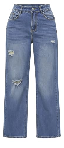 Women’s Wide Straight Leg Jeans High Waist Ripped Denim Pants,Blue,Large | High Stretchy Tummy Control Booty Lifting Trendy Baggy Jeans Light Wash Casual Loose Fit Denim Pants for Curvy Women