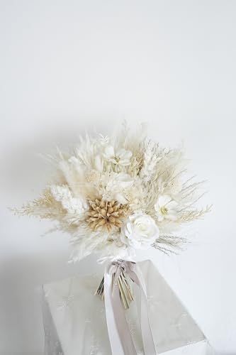 Ramo de boda Beige Pampas con rosas blancas y flores artificiales miniatura 4