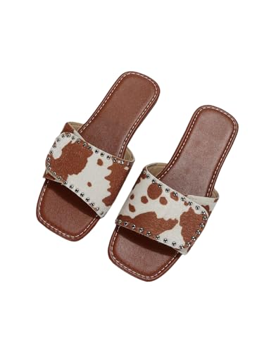 GORGLITTER Womens Cow Print Flat Sandals Studded Square Open Toe Slip On Party Vacation Dressy 2026 Slide Shoes Brown 8.5
