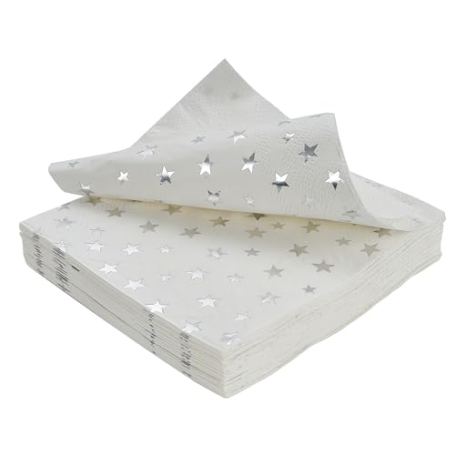 Silver Star Cocktail Napkins 100 Counts 2-Ply 5'' White and Silver Disposable Paper NapkinsPerfect for Birthday Party Supplies Wedding Bridal Shower Baby Shower Valentine's Day+?