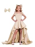 dideyttawl Champagne Prom Dresses for Teens 9-10 Girls Wedding Guest Bridesmaid Dress High Low Long Train Pleated Satin Flower Girls Special Occasion Gowns with Bow Size 10