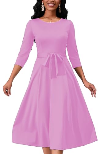 Image of PerZeal Women's Caual Midi Dress 3 /4 Sleeve Crewneck A-line Swing Dress for Women with Belt for Wedding Guest & Cocktail Party Pink Small