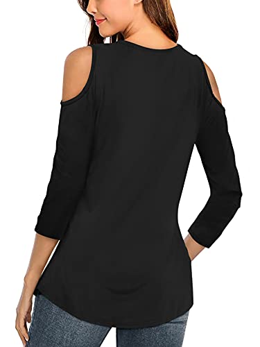 Amoretu 3/4 Long Sleeve Cold Shoulder Tops For Women V Neck Basic Shirt Black L #TOP1