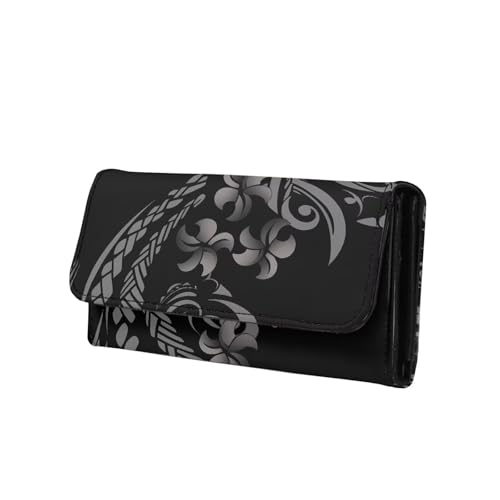 Tropic Tribal Stripes Long Wallet for Women Boho Ethnic Trifold PU Leather Clutch Purse, Hawaiian Tribe Flowers Billfold Wallet Card Holders