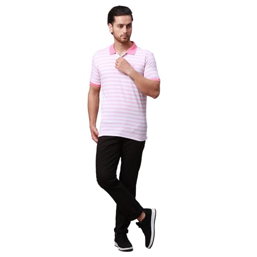Image of Park Avenue Men's Cotton Polyester Blend Stripe Pattern Slim Fit Rib Collar Polo Neck Half Sleeve Casual T-Shirt