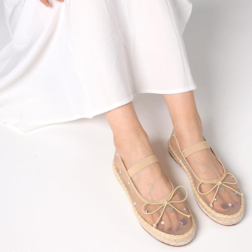 Image of AMINUGAL Raffia Ballet Flats Shoes for Women Dressy Comfortable Woven Straw Women's Flat with Elastic Strap Mesh Bows Raffia Mary Janes Ballerina