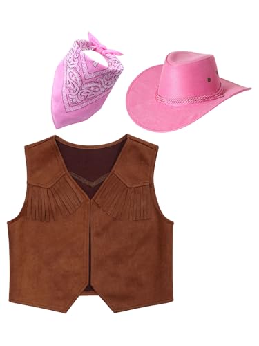 Choomomo Kids Cowboy Cowgirl Outfits Fringe Tassels Western Vest with Cowboy Hat and Bandanna Scarf3
