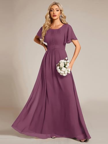 Image of Ever-Pretty Women's Spring Elegant Round Neck Short Sleeve Chiffon Empire Waist Floor Length Formal Dresses Bridesmaid Dress
