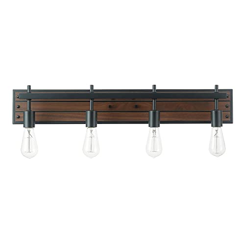 Globe Electric 52058 4-Light Vanity Light with Faux Wood Finish and Matte Black Accents, Ideal for Bathroom, Living Room, and for Makeup Over Mirror Lighting