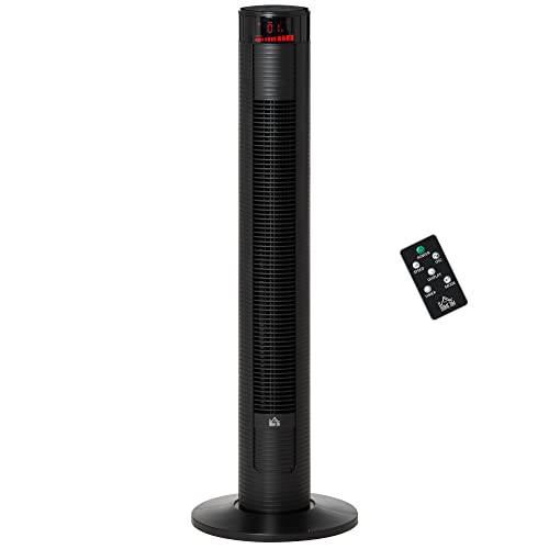 HOMCOM Ventilador de Torre Silencioso Bajo Consumo 96 cm 45W con Mando a Distancia 3 Velocidades 4 Modos Oscilación de 70° Pantalla LED Táctil Temporizador 12h y Asa de Transporte Negro