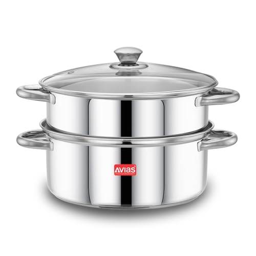 Image of Avias Spectra Stainless Steel Steamer / 22cm for Cooking Vegetable Idli Modak Momo with Strong Side Handles for Easy Use Food Steamer /Cookware Set of 1 / Shiny Mirror Finish / 22cm