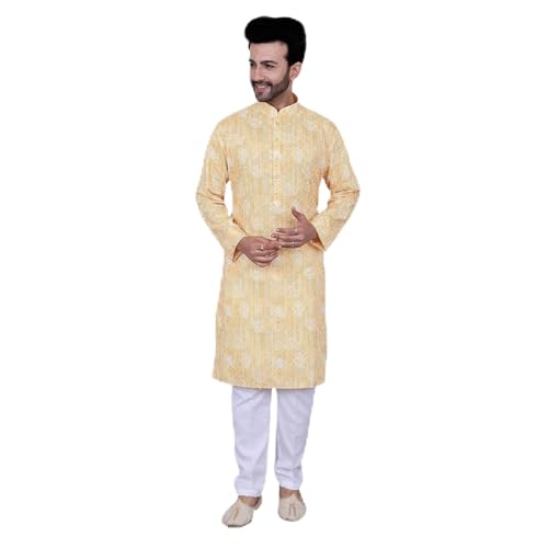 Cotton Blend Printed Knee Length Kurta for Men, Mandarin Collar, Full Sleeves