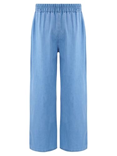 Aislor Kids Girls Star Patches Elastic Waist Casual Wide Leg Denim Jeans Pants Washed Vintage Trousers with Pockets2