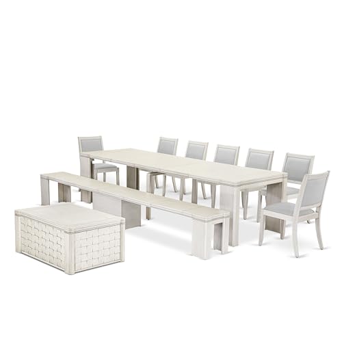 Image of X07X2-BCW-27 10-Pc Dining Room Set contains an Extendable Rectangle Kitchen Table, 1 Coffee Table, 7 Stackable Polyester Chairs and 1 Bench, 39x120 Inch, Antique White