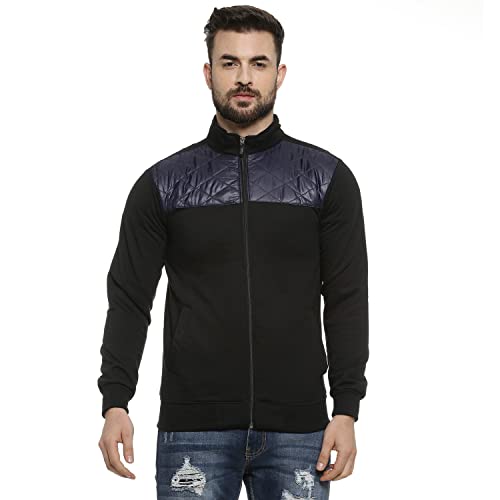 Image of Campus Sutra Men's Black Solid Colour-BlockedRegular Fit Cotton Jacket For Winter Wear | Standing Collar | Full Sleeve | Zipper | Casual Jacket For Man | Western Stylish Jacket For Men