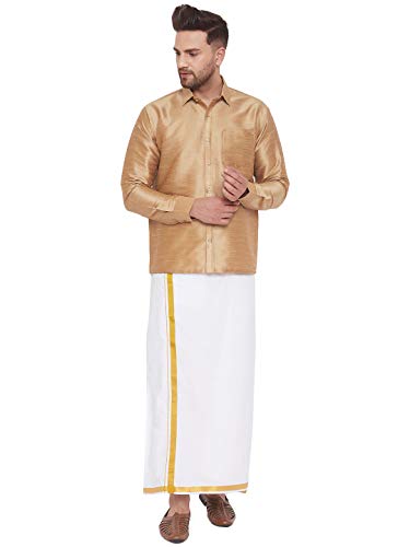 Chemise en soie mélangée homme noir vetement traditionnel indien mundu or rose 46