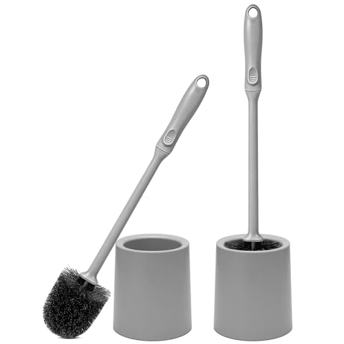 Toilet Brush and Holder 2 Pack with Long Handle - Non-Slip Grip Toilet Bowl Brush Set for Deep Cleaning Bathroom Toilet Scrubber- Gray