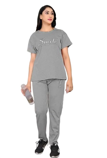 Heavy Lycra Night Wear Set for Women, Top and Pant with Smile Print, Maroon, Olive Green, Purple, Grey, M L XL XXL (Grey, XXL)