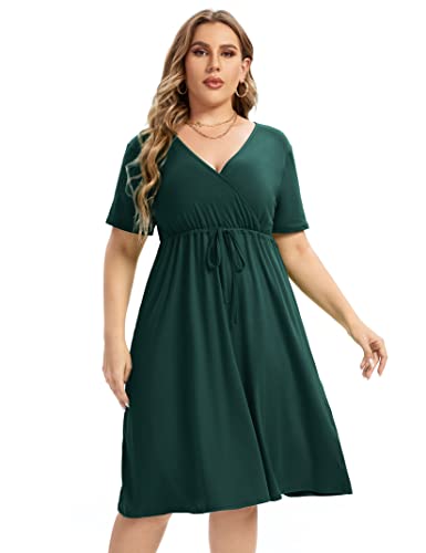 Image of Plus Size Dress Women's V Neck A-Line Knee Length Wrap Mini Dress with Belt Plus Size Dresses for Curvy Womengreen-cs 5X-Large
