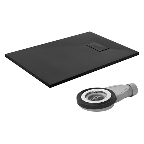 LuxeBath Plato de Ducha 100x70cm Negro, con Juego de Desagüe Base Rectangular con Superficie Antideslizante y Antibacteriano en Aspecto Pizarra Altura 30mm SMC Extraplano y Robusto, Fácil Instalación