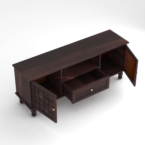 Image of Sheesham Wooden TV Unit for Living Room 55 Inch TV Furniture - WoodenTV Unit with Drawer Storage Shelves 2 Door Wooden TV Cabinet for Living Room - Fits up to 55-Inch (Drek, Walnut Finish)