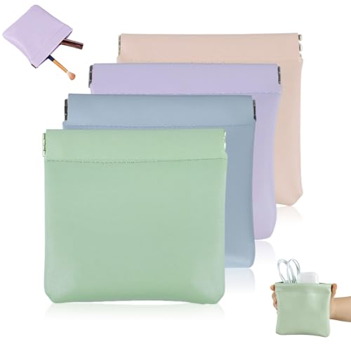 GandRmim Leather Organizer Pouch 4PCS Personalized Snap Closure Cosmetic Bags Mini Waterproof Storage for Purse Jewelry Makeup Portable Self-Closing Pocket (4.7x4.5in)