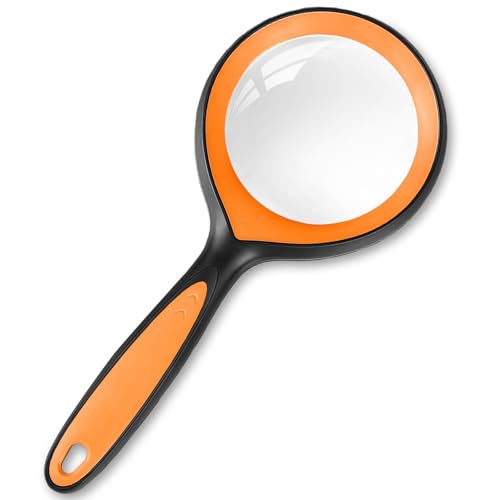 AMFUN 10X Lupa de Mano, Lupa de Lectura de Mano, Lupas de Gran Aumento Antideslizante, Suave, Personas Mayores, Niños, para Leer Libros, Inspección, Manualidades- Negro y Naranja