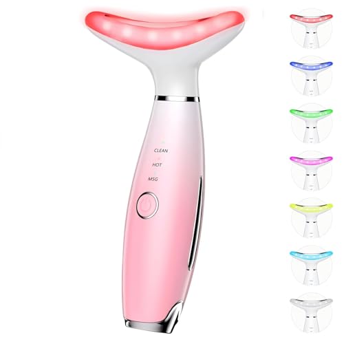 Dopsikn 7 Color Galvanic Machines - Red Light Therapy for Face and Neck, Face Massager Tool for Wrinkles, Double Chin, Vibrating Facial Massager with Thermals, Pink